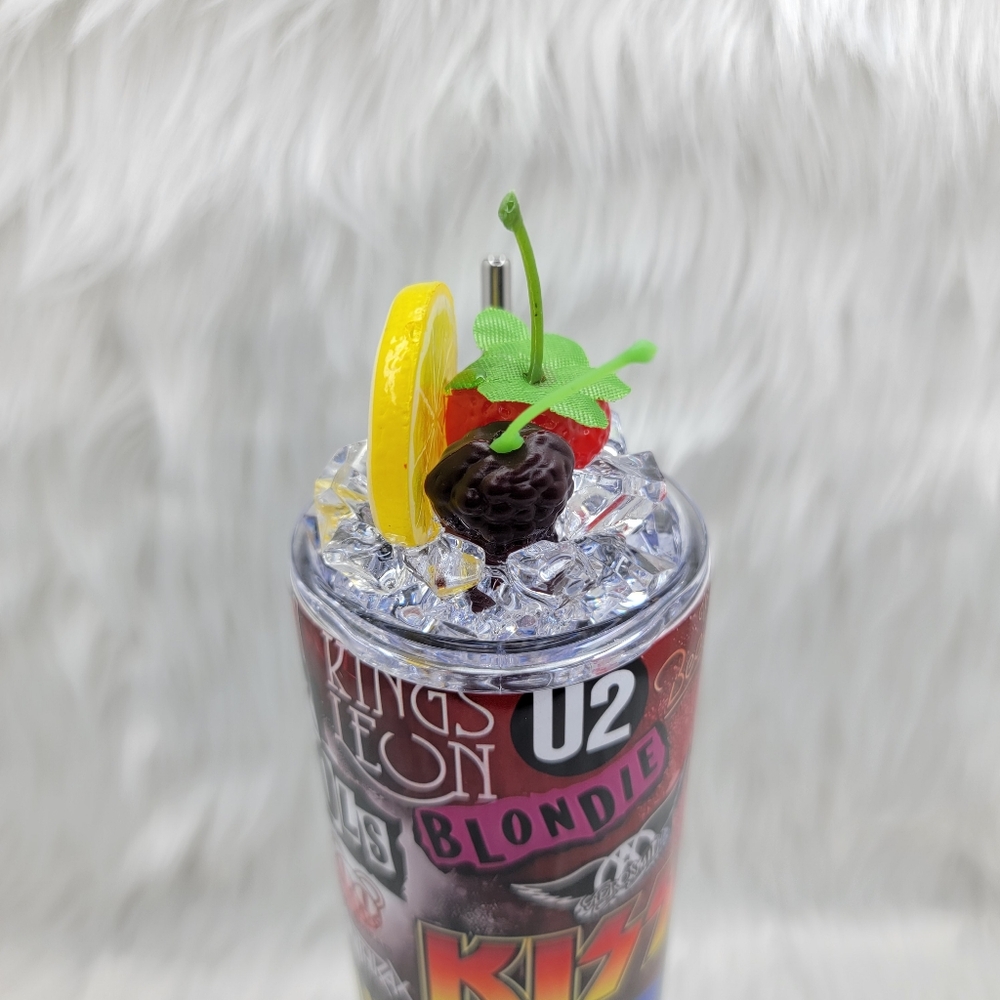 Rock music bands skinny tumbler drinking cup 20 Oz. with ice topper. - Picture 3 of 6